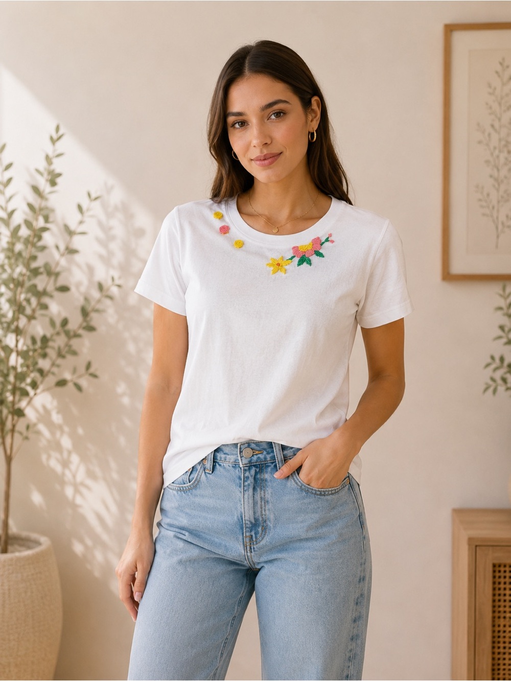 Hand Embroidered White T-Shirt Large Floral Embellished Short Sleeve Casual Tee